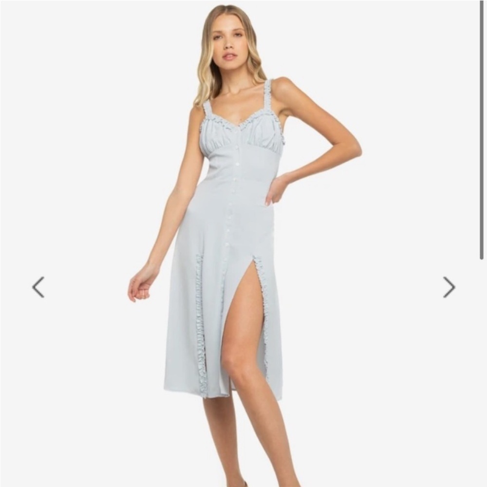 Light Blue Button-Front Midi Dress with Front Slits - Picture 2 of 4